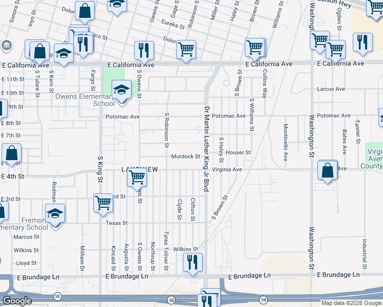map of restaurants, bars, coffee shops, grocery stores, and more near 1504 Murdock Street in Bakersfield