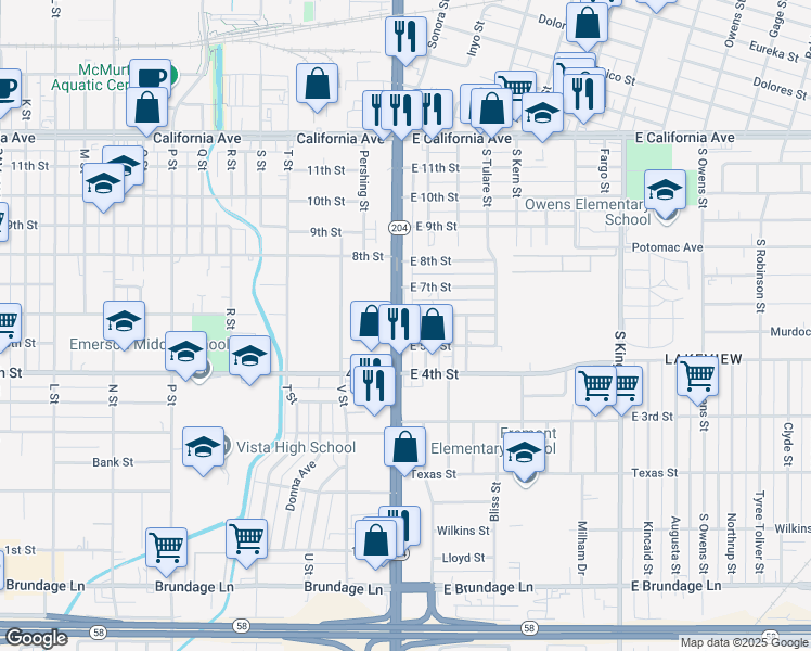 map of restaurants, bars, coffee shops, grocery stores, and more near 103 East 6th Street in Bakersfield