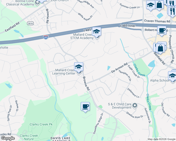 map of restaurants, bars, coffee shops, grocery stores, and more near 8800 Red Tail Court in Charlotte