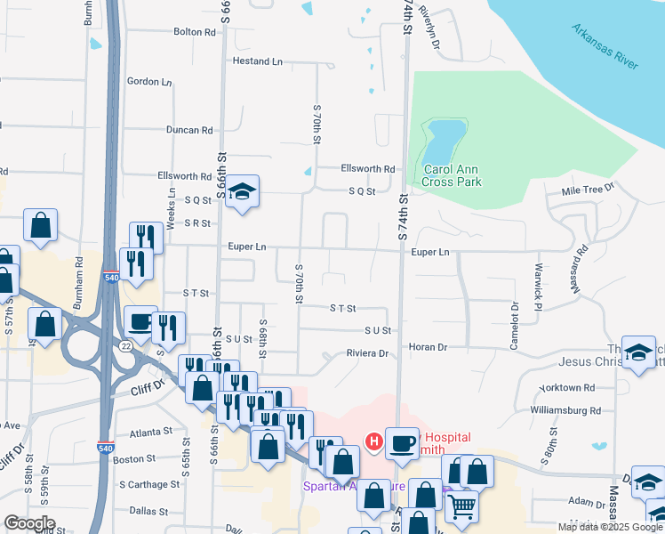 map of restaurants, bars, coffee shops, grocery stores, and more near 2008 South 71st Street in Fort Smith