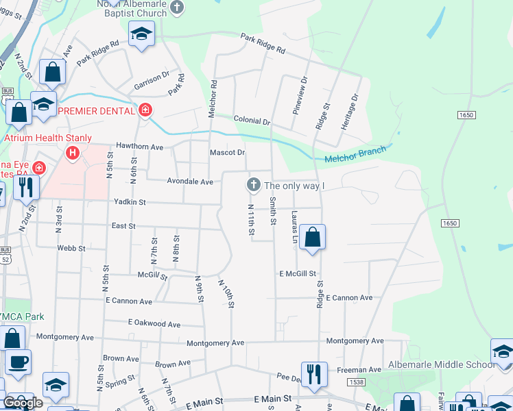 map of restaurants, bars, coffee shops, grocery stores, and more near 900 North 11th Street in Albemarle