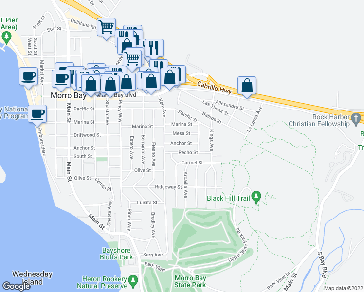 map of restaurants, bars, coffee shops, grocery stores, and more near 934 Anchor St in Morro Bay