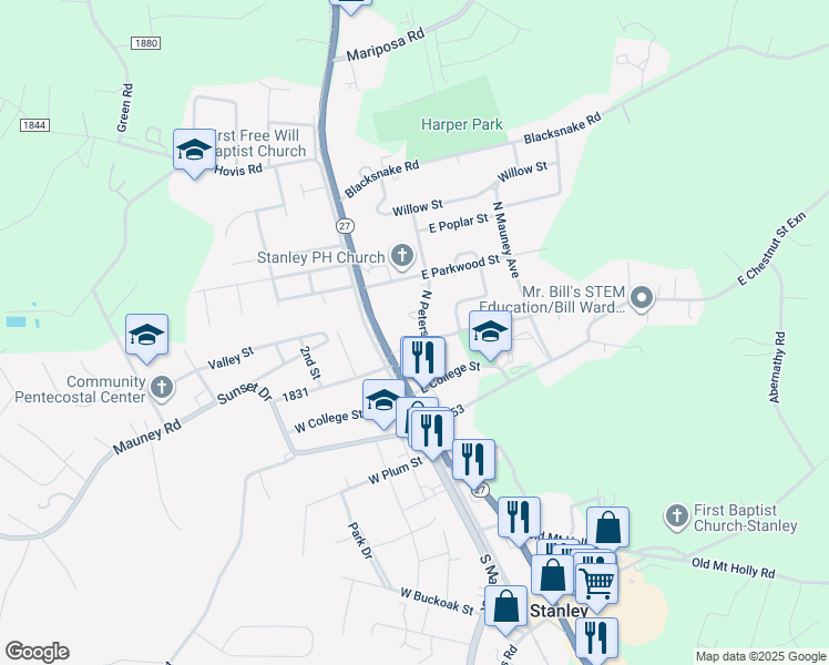 map of restaurants, bars, coffee shops, grocery stores, and more near 311 North Peterson Street in Stanley