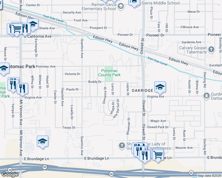 map of restaurants, bars, coffee shops, grocery stores, and more near 500 Larry Street in Bakersfield