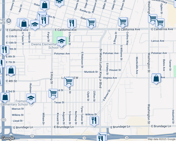 map of restaurants, bars, coffee shops, grocery stores, and more near 1324 Murdock Street in Bakersfield