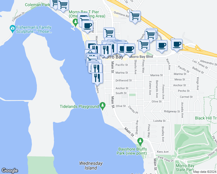 map of restaurants, bars, coffee shops, grocery stores, and more near 265 Anchor Street in Morro Bay
