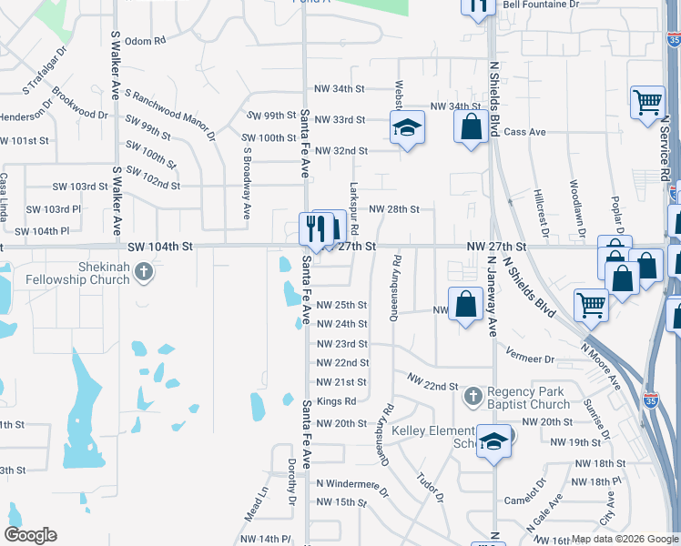map of restaurants, bars, coffee shops, grocery stores, and more near 1004 NW 26th St in Moore