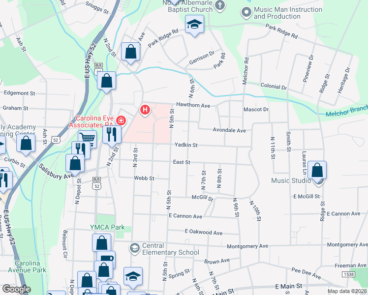 map of restaurants, bars, coffee shops, grocery stores, and more near 837 North 6th Street in Albemarle