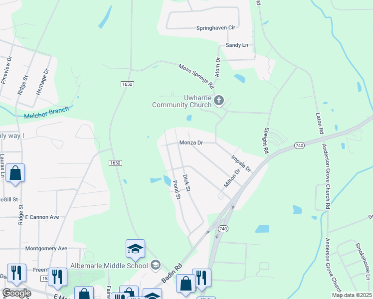 map of restaurants, bars, coffee shops, grocery stores, and more near 816 Dick Street in Albemarle
