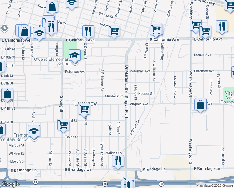 map of restaurants, bars, coffee shops, grocery stores, and more near 1504 Murdock Street in Bakersfield