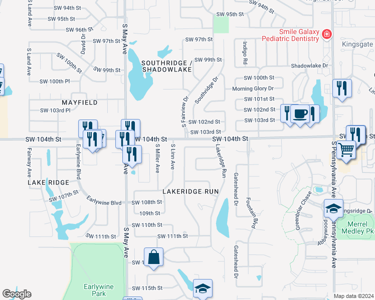 map of restaurants, bars, coffee shops, grocery stores, and more near 2664 Southwest 105th Street in Oklahoma City