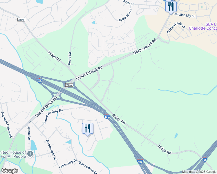 map of restaurants, bars, coffee shops, grocery stores, and more near 2272 Odell School Road in Charlotte