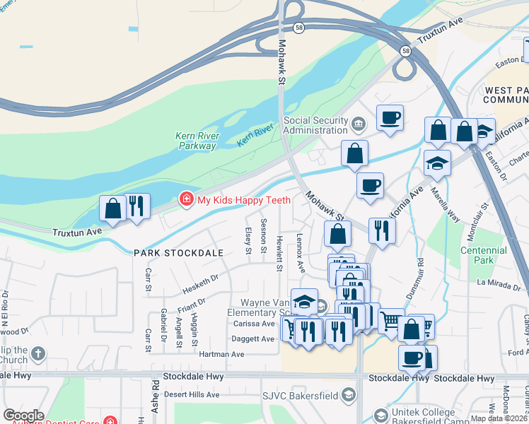 map of restaurants, bars, coffee shops, grocery stores, and more near 5723 Cochran Drive in Bakersfield