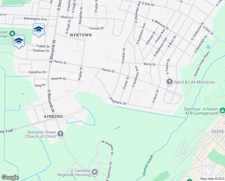 map of restaurants, bars, coffee shops, grocery stores, and more near 1205 Stephens Street in Goldsboro