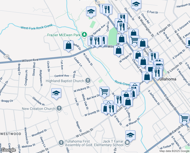 map of restaurants, bars, coffee shops, grocery stores, and more near 501 North Collins Street in Tullahoma