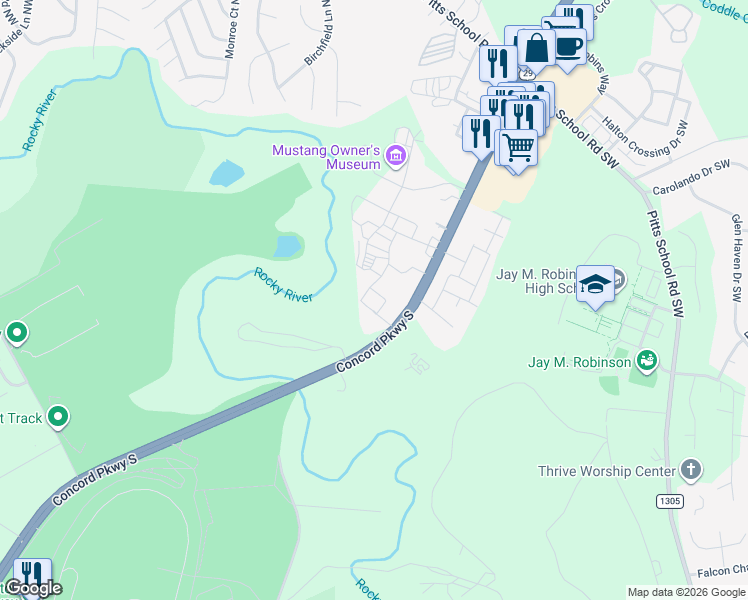 map of restaurants, bars, coffee shops, grocery stores, and more near 4310 Concord Parkway South in Concord