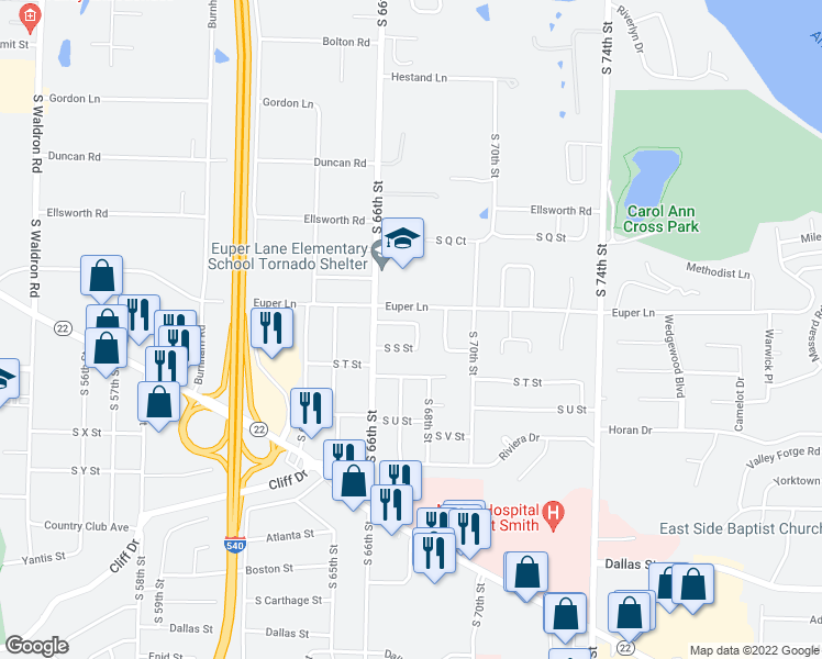 map of restaurants, bars, coffee shops, grocery stores, and more near 6704 Eastgate Drive in Fort Smith