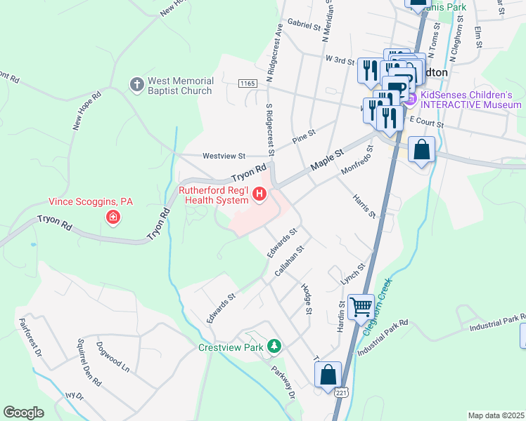map of restaurants, bars, coffee shops, grocery stores, and more near 288 South Ridgecrest Street in Rutherfordton
