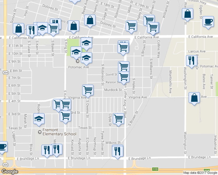 map of restaurants, bars, coffee shops, grocery stores, and more near 1318 Murdock Street in Bakersfield