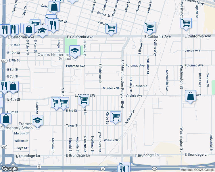 map of restaurants, bars, coffee shops, grocery stores, and more near 1324 Murdock Street in Bakersfield