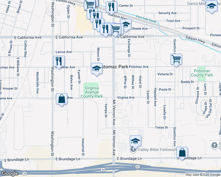 map of restaurants, bars, coffee shops, grocery stores, and more near 2141 Holly Avenue in Bakersfield