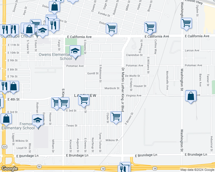 map of restaurants, bars, coffee shops, grocery stores, and more near 1318 Murdock Street in Bakersfield