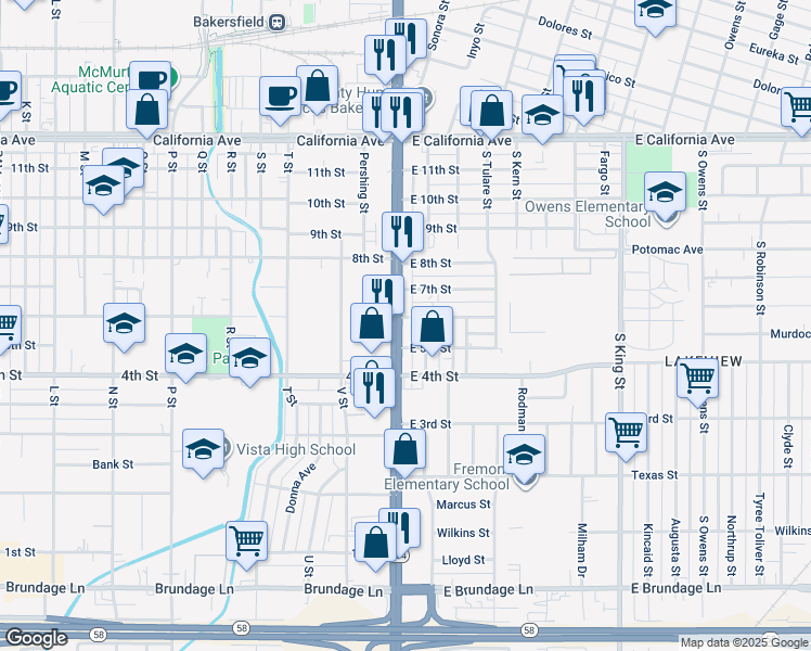 map of restaurants, bars, coffee shops, grocery stores, and more near 103 East 6th Street in Bakersfield
