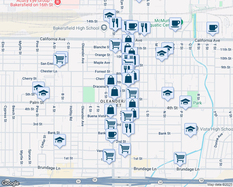 map of restaurants, bars, coffee shops, grocery stores, and more near 525 Eye Street in Bakersfield