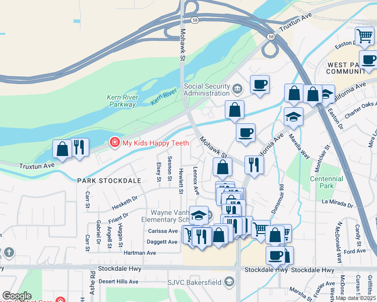 map of restaurants, bars, coffee shops, grocery stores, and more near 904 Hewlett Street in Bakersfield