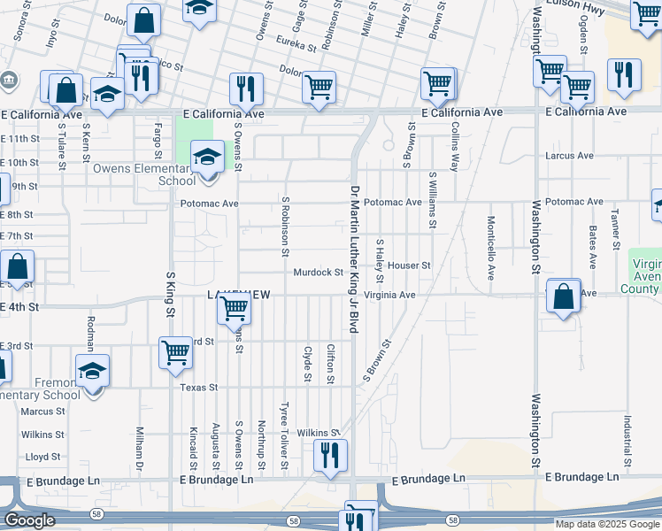 map of restaurants, bars, coffee shops, grocery stores, and more near 1424 Murdock Street in Bakersfield