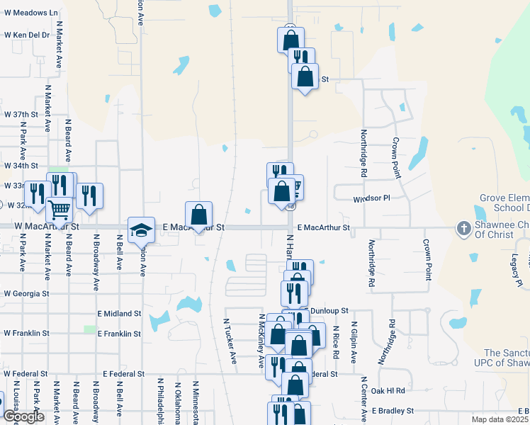 map of restaurants, bars, coffee shops, grocery stores, and more near 3031 North Tucker Avenue in Shawnee