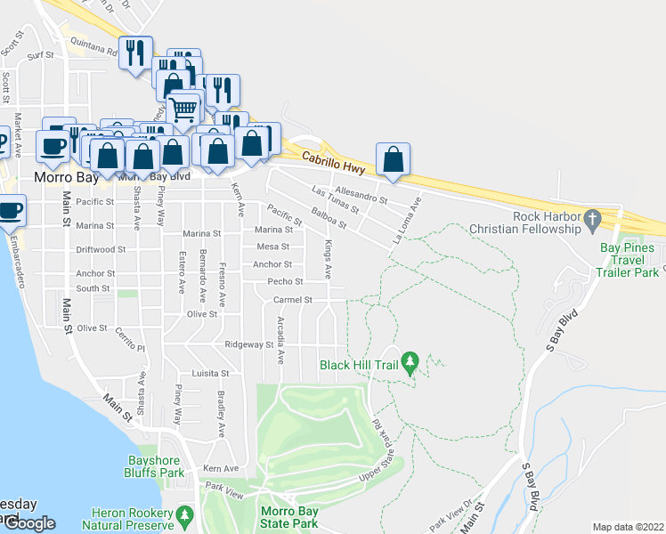 map of restaurants, bars, coffee shops, grocery stores, and more near 548 Kings Avenue in Morro Bay
