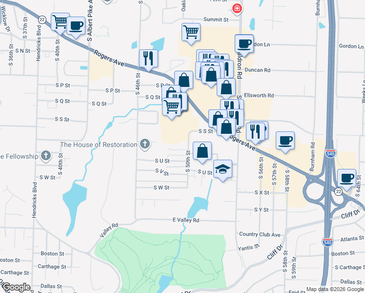 map of restaurants, bars, coffee shops, grocery stores, and more near 4901 Saint Andrews Way in Fort Smith