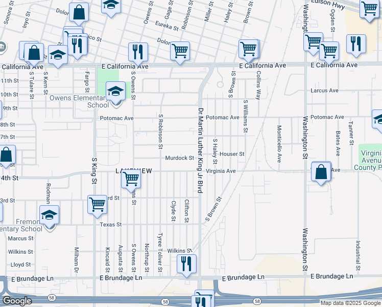 map of restaurants, bars, coffee shops, grocery stores, and more near 1504 Murdock Street in Bakersfield