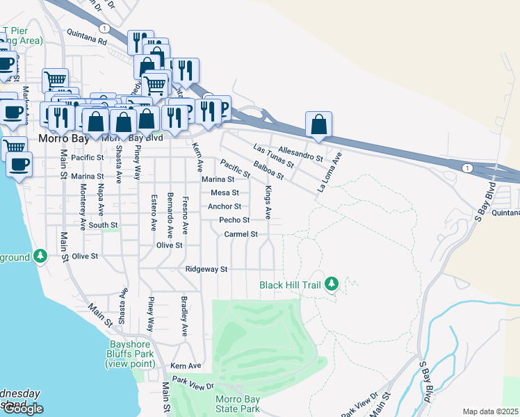 map of restaurants, bars, coffee shops, grocery stores, and more near 537 Kings Avenue in Morro Bay