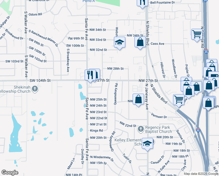 map of restaurants, bars, coffee shops, grocery stores, and more near 2700 Kings Road in Moore