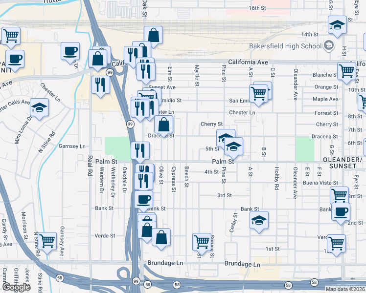 map of restaurants, bars, coffee shops, grocery stores, and more near 525 Beech Street in Bakersfield