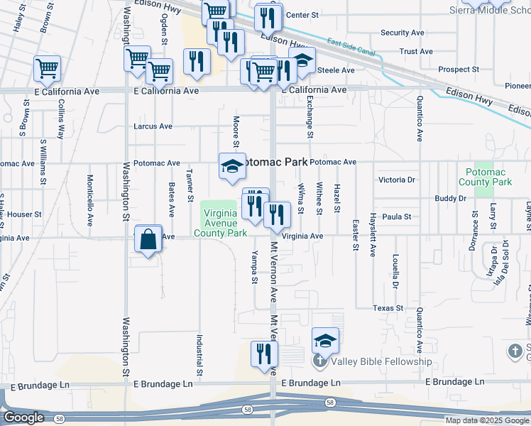 map of restaurants, bars, coffee shops, grocery stores, and more near 2141 Holly Avenue in Bakersfield