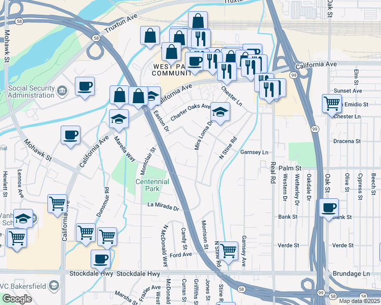 map of restaurants, bars, coffee shops, grocery stores, and more near 4305 Woodlake Drive in Bakersfield
