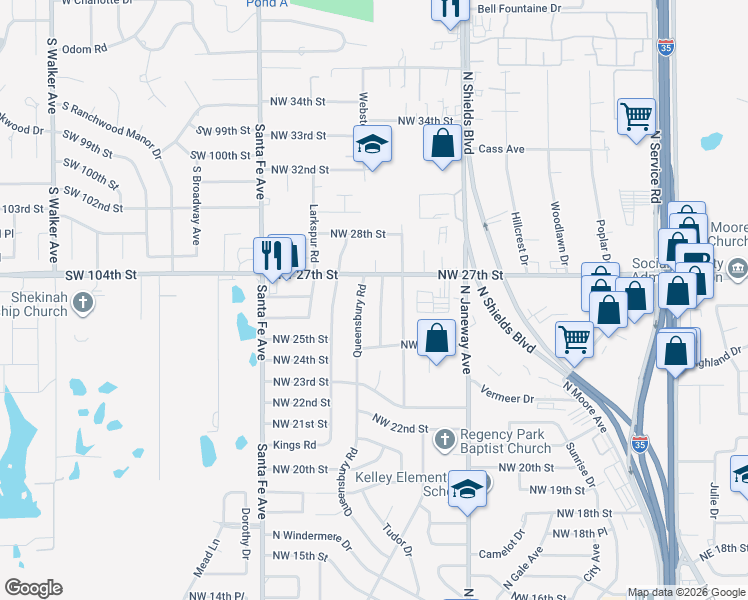 map of restaurants, bars, coffee shops, grocery stores, and more near 2701 Yorkshire Avenue in Moore