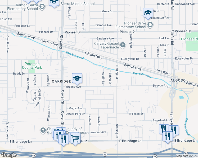 map of restaurants, bars, coffee shops, grocery stores, and more near 3612 Periwinkle Court in Bakersfield