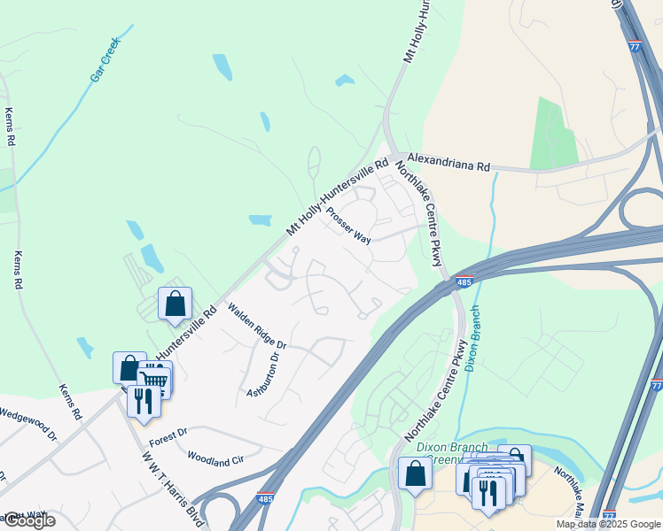 map of restaurants, bars, coffee shops, grocery stores, and more near 10239 Reindeer Way Lane in Charlotte