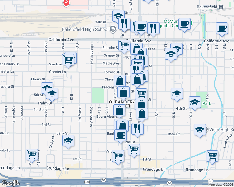 map of restaurants, bars, coffee shops, grocery stores, and more near 526 G Street in Bakersfield