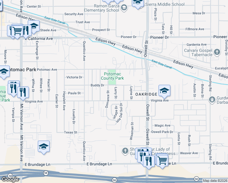 map of restaurants, bars, coffee shops, grocery stores, and more near 500 Larry Street in Bakersfield