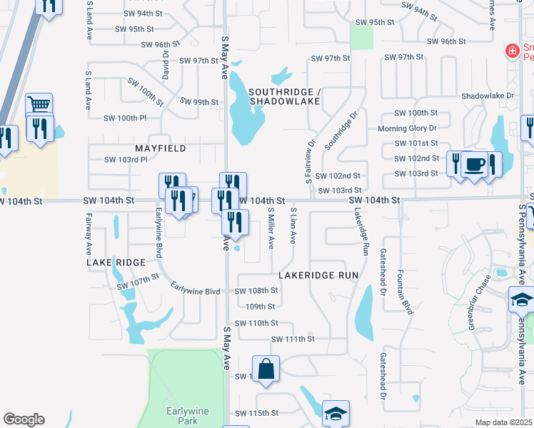 map of restaurants, bars, coffee shops, grocery stores, and more near 10509 South Miller Avenue in Oklahoma City