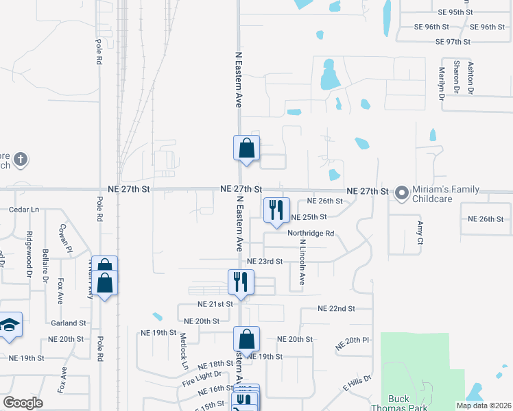 map of restaurants, bars, coffee shops, grocery stores, and more near 2604 Thomas Drive in Moore