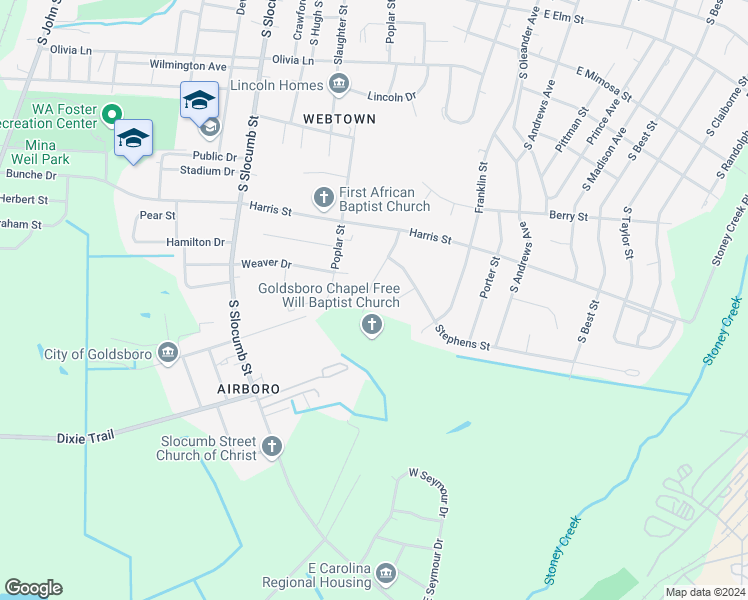 map of restaurants, bars, coffee shops, grocery stores, and more near 1310 Ben Brewington Court in Goldsboro