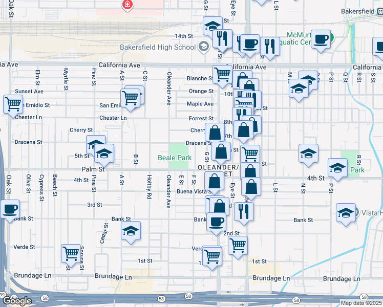 map of restaurants, bars, coffee shops, grocery stores, and more near 529 F Street in Bakersfield