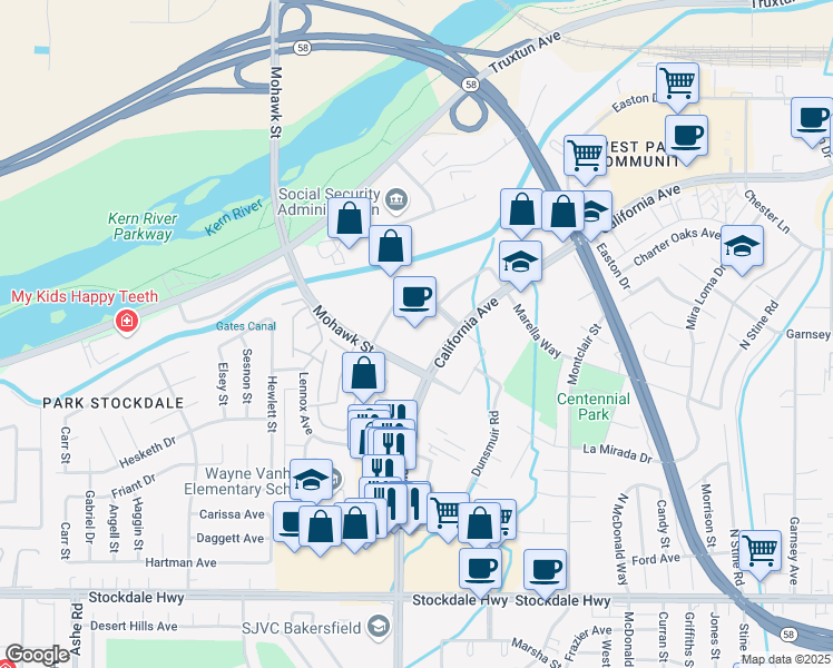 map of restaurants, bars, coffee shops, grocery stores, and more near 5060 California Avenue in Bakersfield