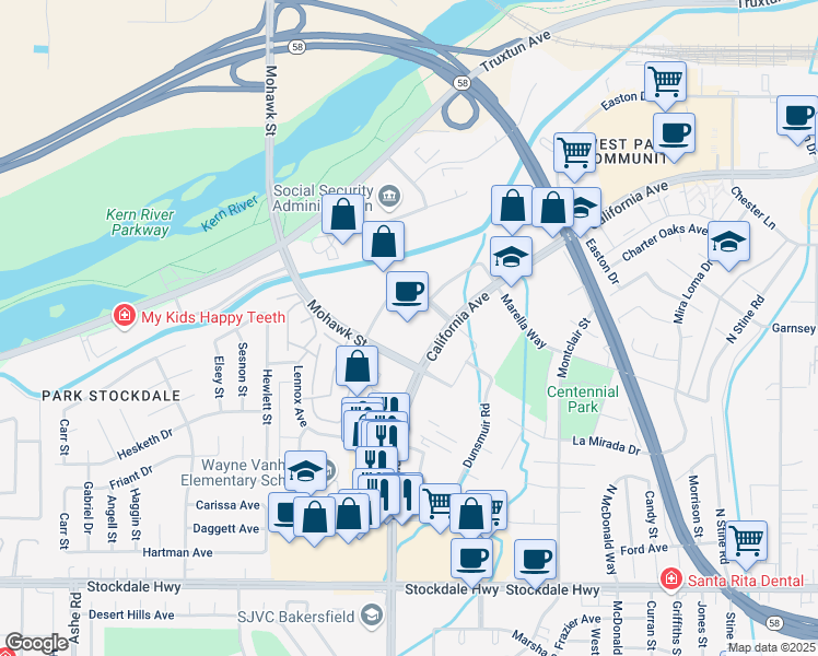 map of restaurants, bars, coffee shops, grocery stores, and more near 5060 California Avenue in Bakersfield